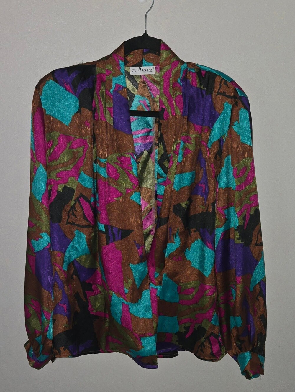 Vntg Mariani 80' Geometric W/Shoulder Pads Colorful Silky Polyester Blouse L